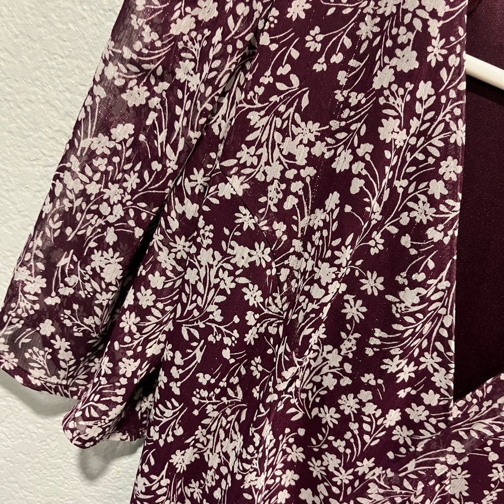 Cute Mi Ami Floral Burgundy Mini Wrap Casual Dress Size L - Picture 6 of 7